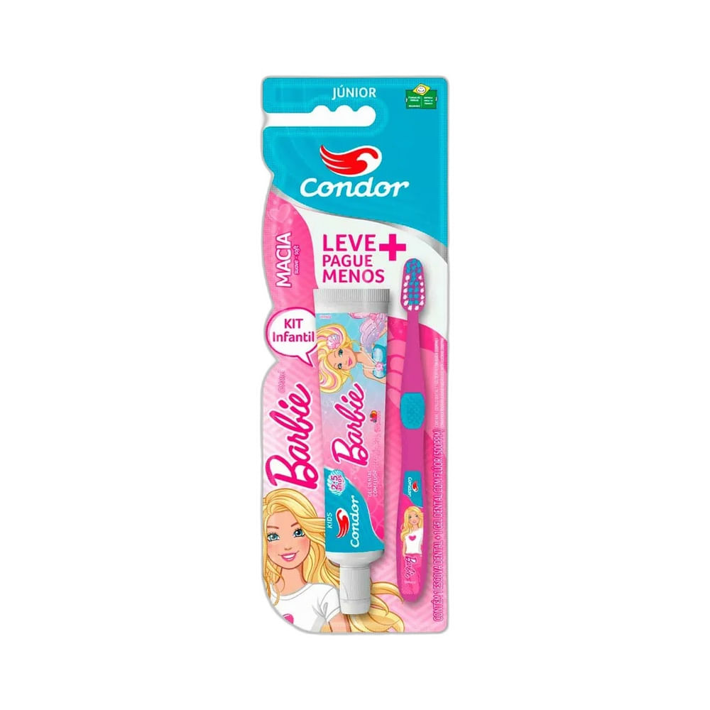Kit Condor Infantil Barbie com escova de dentes rosa e gel dental sabor agradável